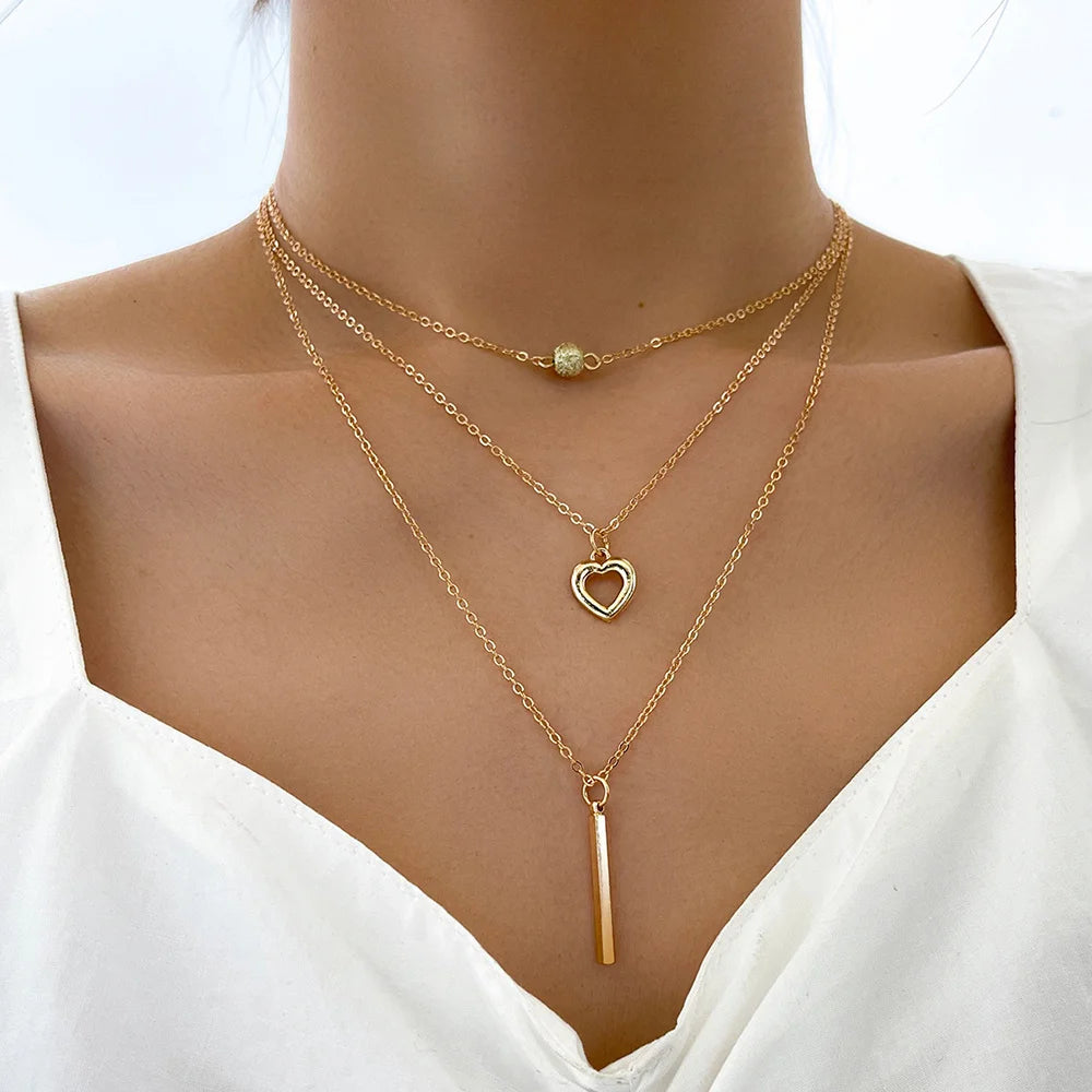 Vintage Boho Fashion Gold-plate Crystal Horn Circle Heart Geometric Pendant Necklace For Women Multilevel Female Chain Jewelry