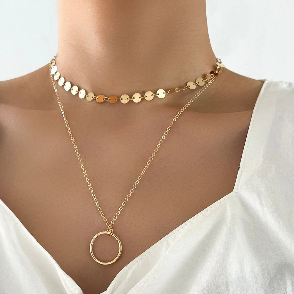 Vintage Boho Fashion Gold-plate Crystal Horn Circle Heart Geometric Pendant Necklace For Women Multilevel Female Chain Jewelry