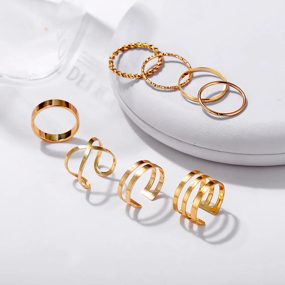 8 Pcs/Set Simple Design Round Gold-plate Rings Set For Women Handmade Geometry Finger Ring Set Female Jewelry Gifts