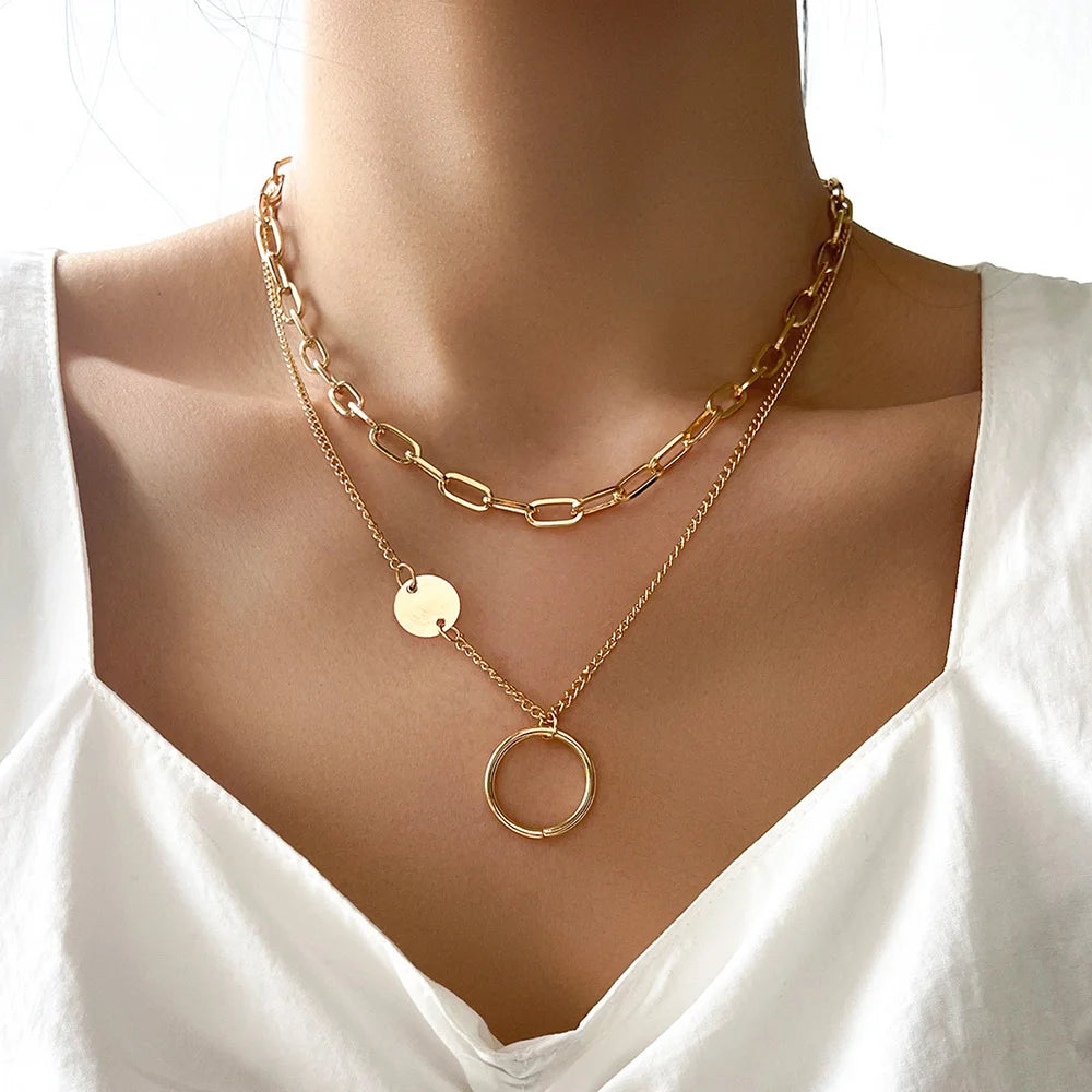 Vintage Boho Fashion Gold-plate Crystal Horn Circle Heart Geometric Pendant Necklace For Women Multilevel Female Chain Jewelry