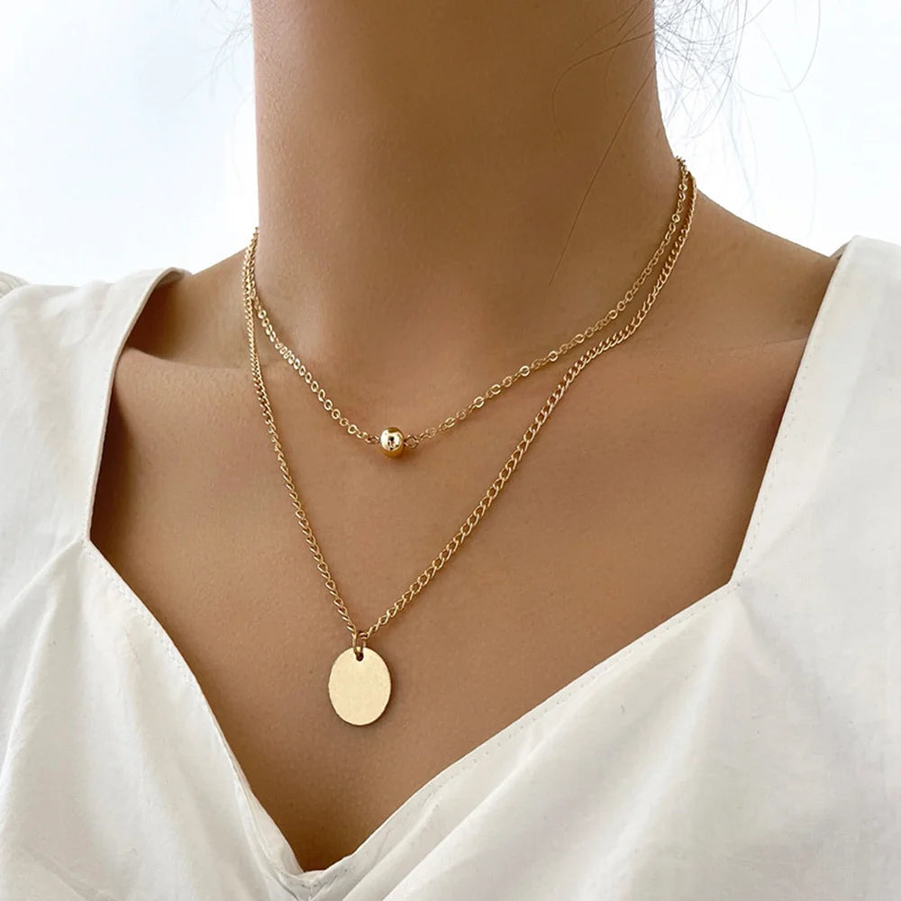 Vintage Boho Fashion Gold-plate Crystal Horn Circle Heart Geometric Pendant Necklace For Women Multilevel Female Chain Jewelry