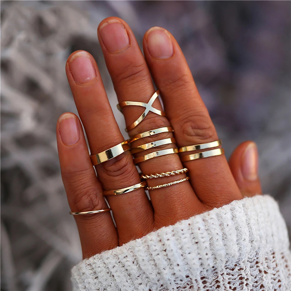 8 Pcs/Set Simple Design Round Gold-plate Rings Set For Women Handmade Geometry Finger Ring Set Female Jewelry Gifts