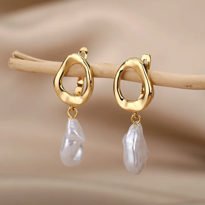 Circle Earrings For Women Vintage Punk Baroque Pearl Earrings Stainless Steel Ear Clip Women Jewelry Imitation Pearl