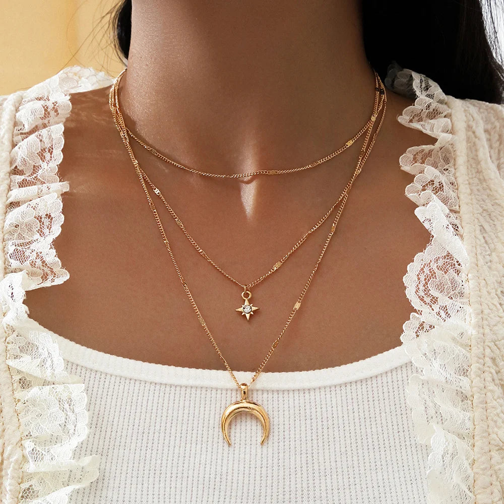 Vintage Boho Fashion Gold-plate Crystal Horn Circle Heart Geometric Pendant Necklace For Women Multilevel Female Chain Jewelry