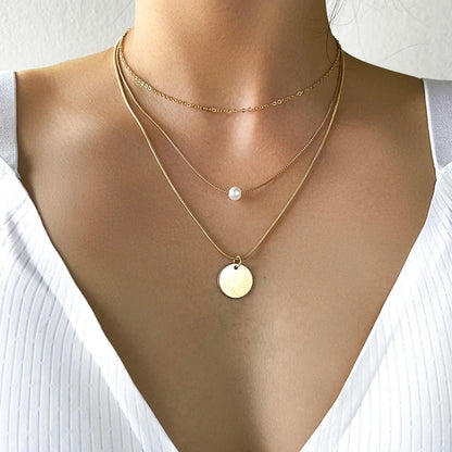 Vintage Boho Fashion Gold-plate Crystal Horn Circle Heart Geometric Pendant Necklace For Women Multilevel Female Chain Jewelry