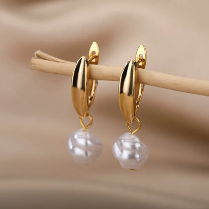 Circle Earrings For Women Vintage Punk Baroque Pearl Earrings Stainless Steel Ear Clip Women Jewelry Imitation Pearl