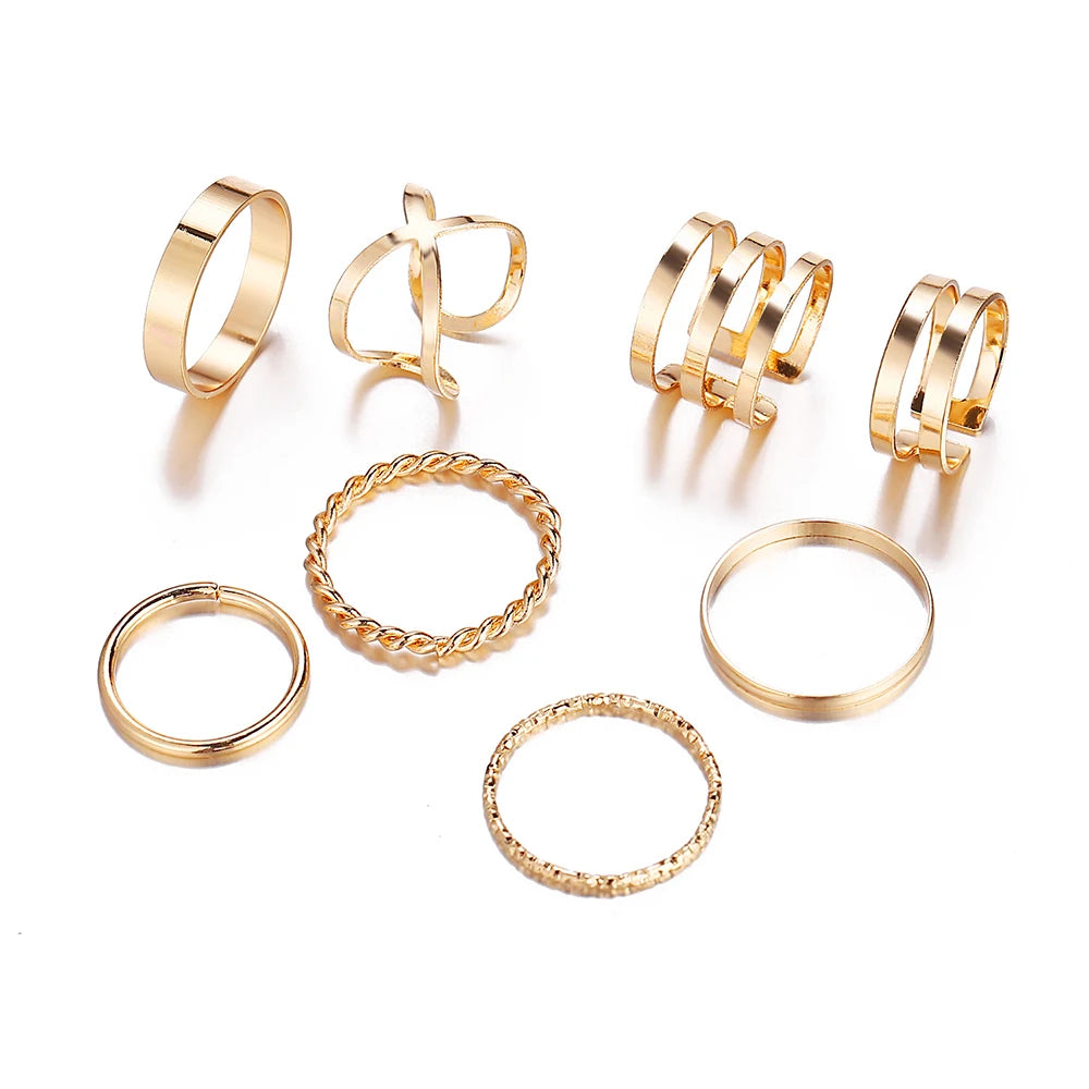 8 Pcs/Set Simple Design Round Gold-plate Rings Set For Women Handmade Geometry Finger Ring Set Female Jewelry Gifts