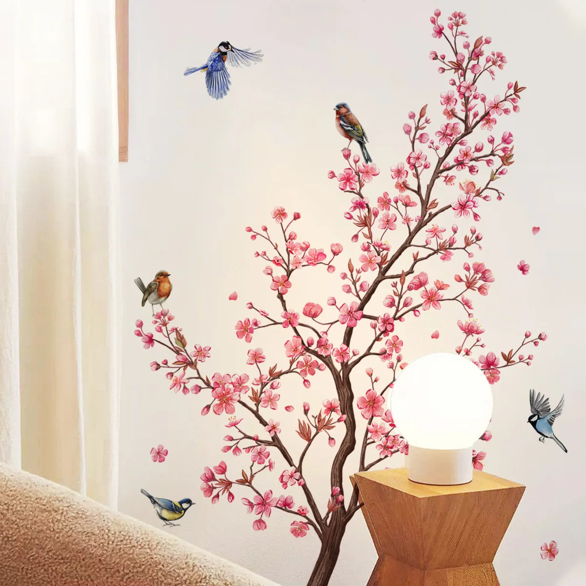 Wall Stickers Pink Plum Tree Birds House Interior Decor