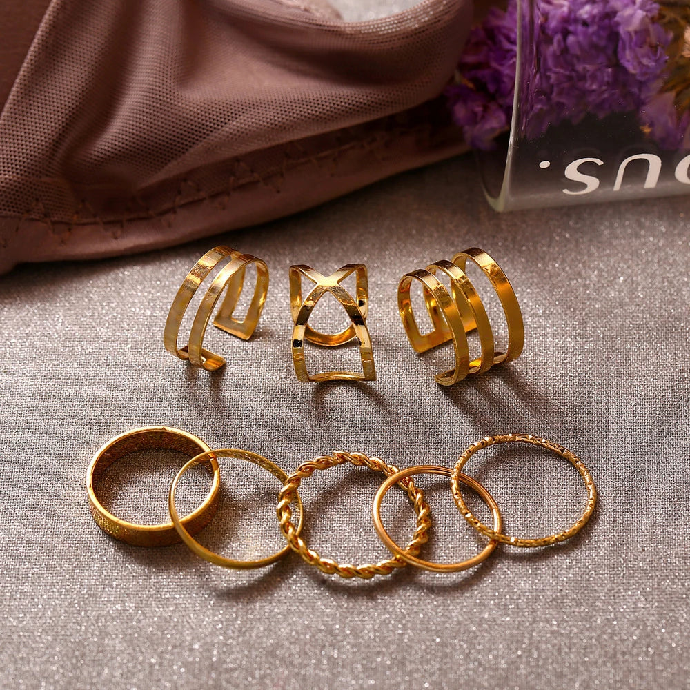 8 Pcs/Set Simple Design Round Gold-plate Rings Set For Women Handmade Geometry Finger Ring Set Female Jewelry Gifts