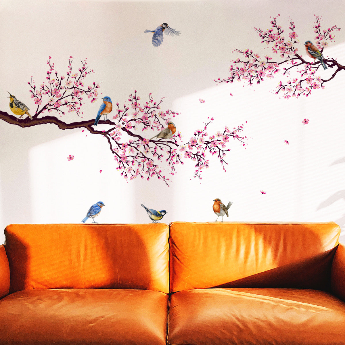 Wall Stickers Pink Plum Tree Birds House Interior Decor