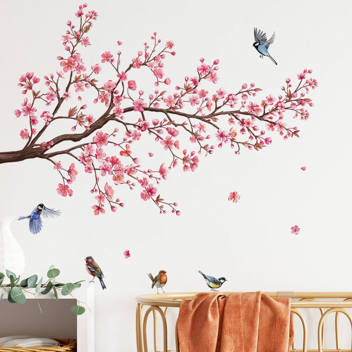 Wall Stickers Pink Plum Tree Birds House Interior Decor