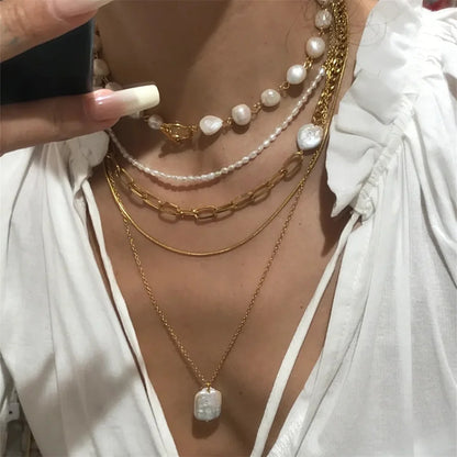 Irregular Pearls Multi-Level Golden Chain Necklace Fashion Jewelry Gift