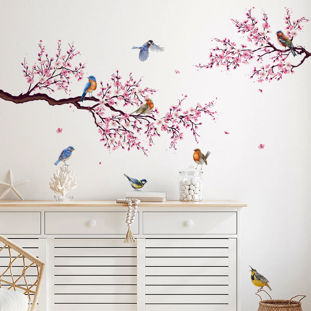 Wall Stickers Pink Plum Tree Birds House Interior Decor