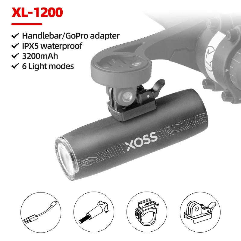 XOSS 1200 Lm Bike Light XL1200 Headlight Waterproof Type-C Rechargeable Front Lamp Bicycle Light Aluminum Ultralight Flashlight