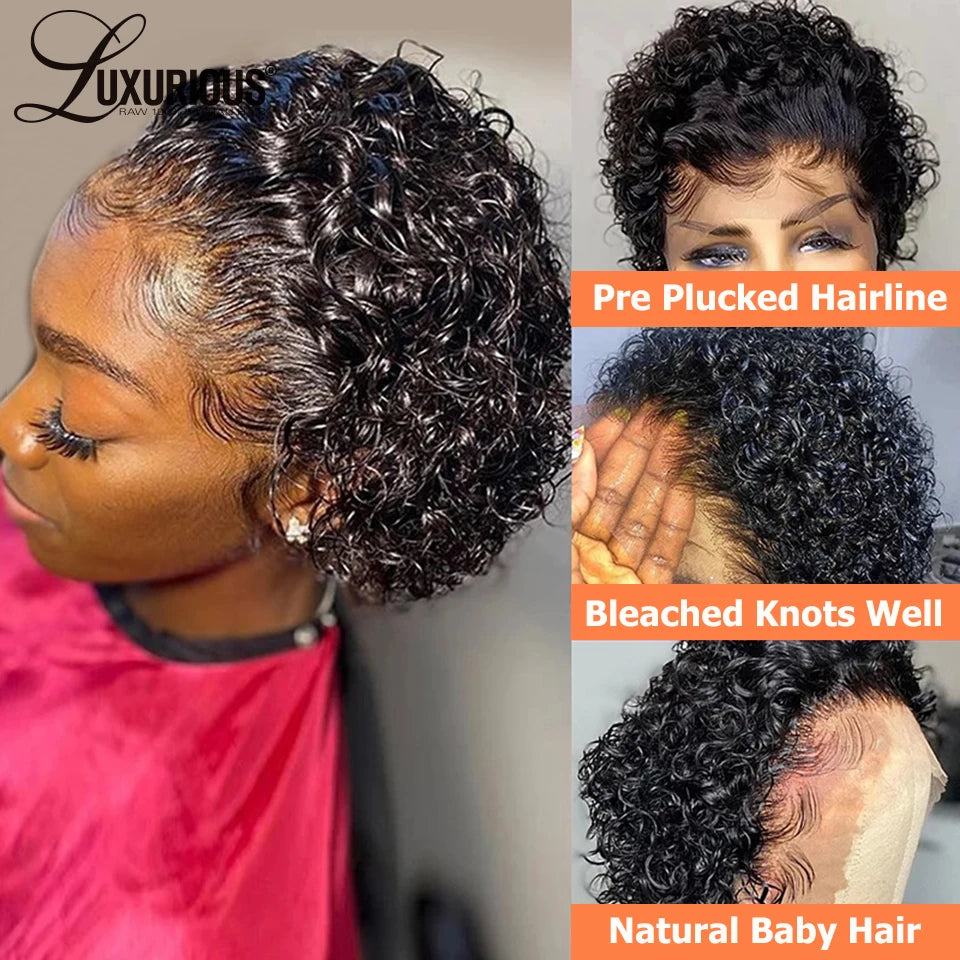 Pixie Cut Wigs Human HaiShort Curly Lace Front Human Hair Wigs For Women Brazilian Water Wave Bob Wig 13x1 Transparent Lace Wigs