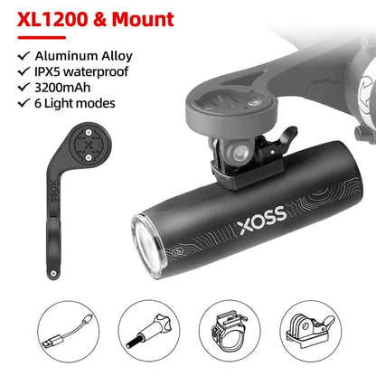 XOSS 1200 Lm Bike Light XL1200 Headlight Waterproof Type-C Rechargeable Front Lamp Bicycle Light Aluminum Ultralight Flashlight