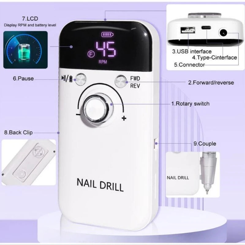 Professional Nail Drills for Gel Nails Polish Rechargeable Portable