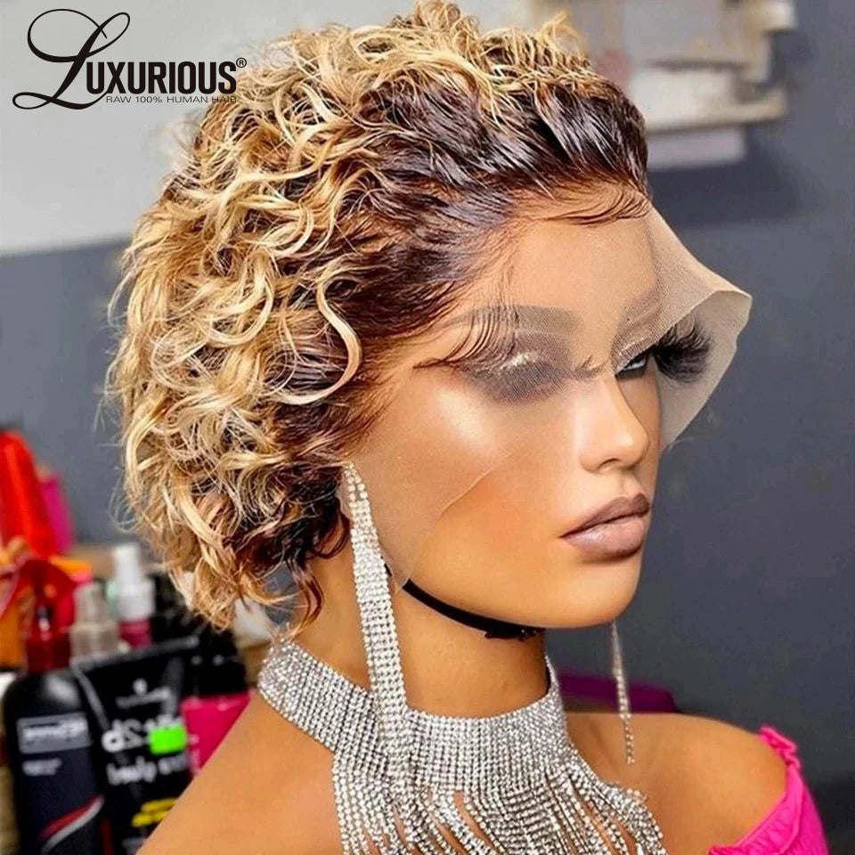 Pixie Cut Wigs Human HaiShort Curly Lace Front Human Hair Wigs For Women Brazilian Water Wave Bob Wig 13x1 Transparent Lace Wigs