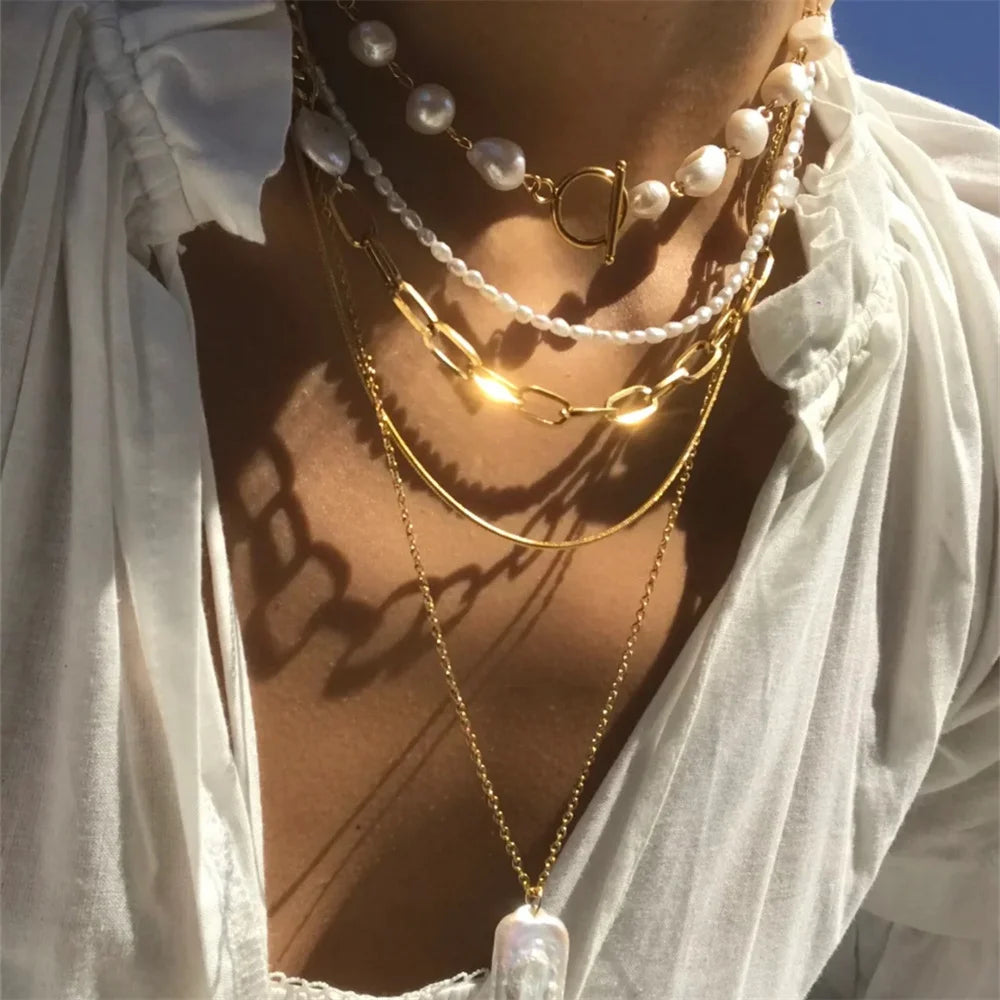 Irregular Pearls Multi-Level Golden Chain Necklace Fashion Jewelry Gift