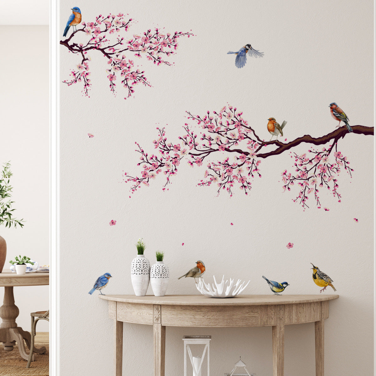 Wall Stickers Pink Plum Tree Birds House Interior Decor