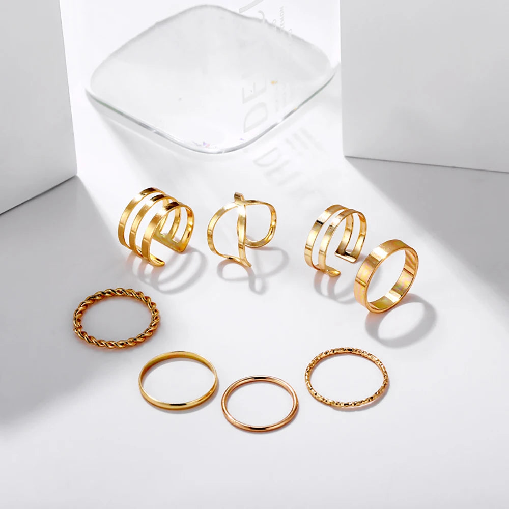 8 Pcs/Set Simple Design Round Gold-plate Rings Set For Women Handmade Geometry Finger Ring Set Female Jewelry Gifts