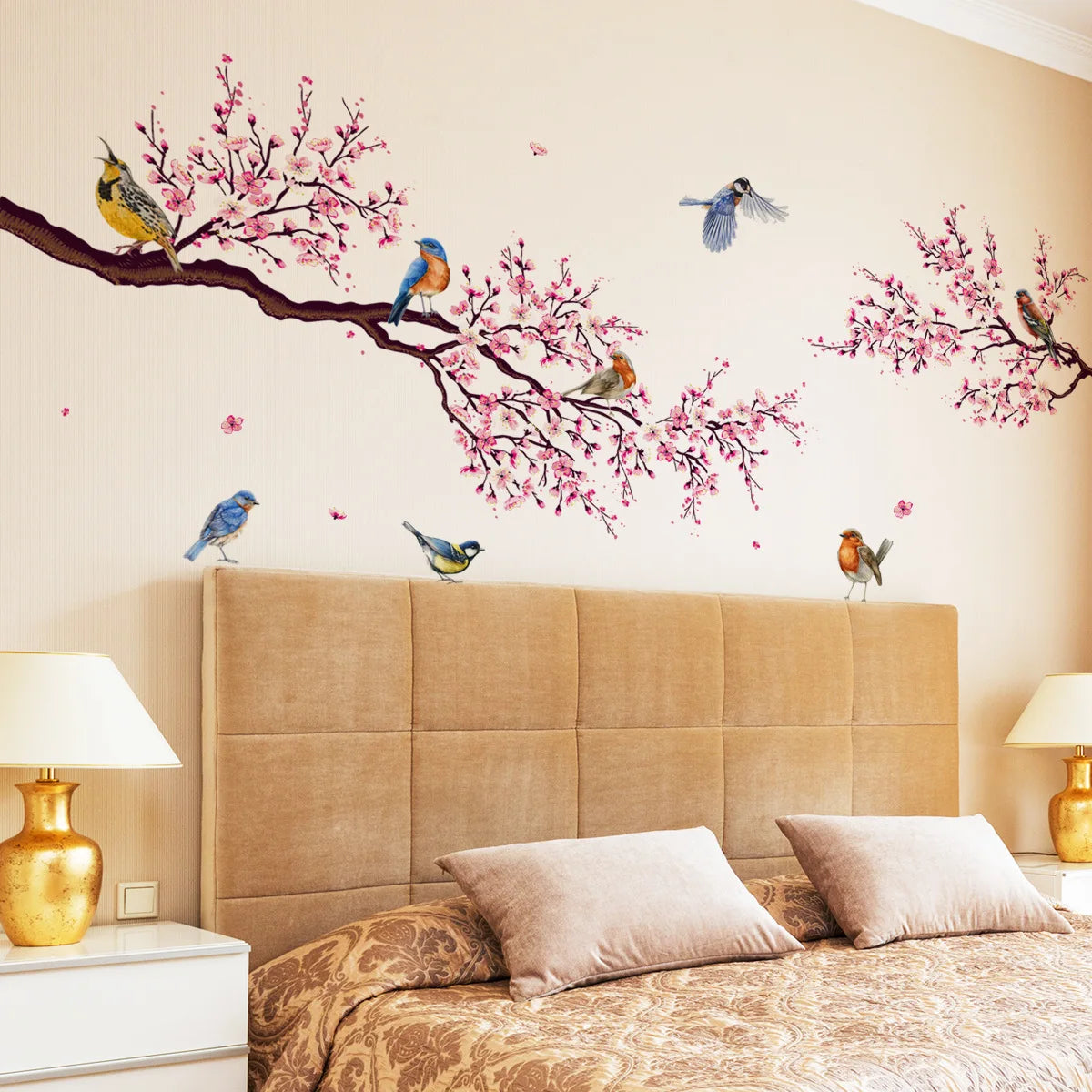 Wall Stickers Pink Plum Tree Birds House Interior Decor