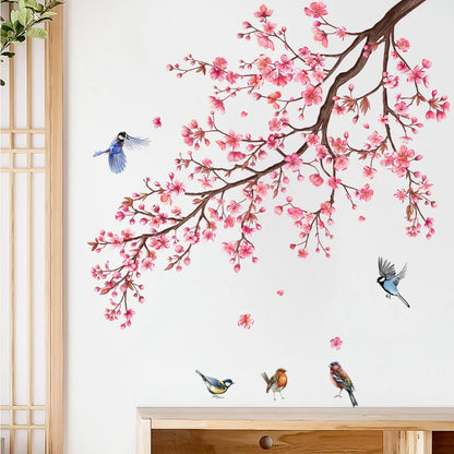 Wall Stickers Pink Plum Tree Birds House Interior Decor