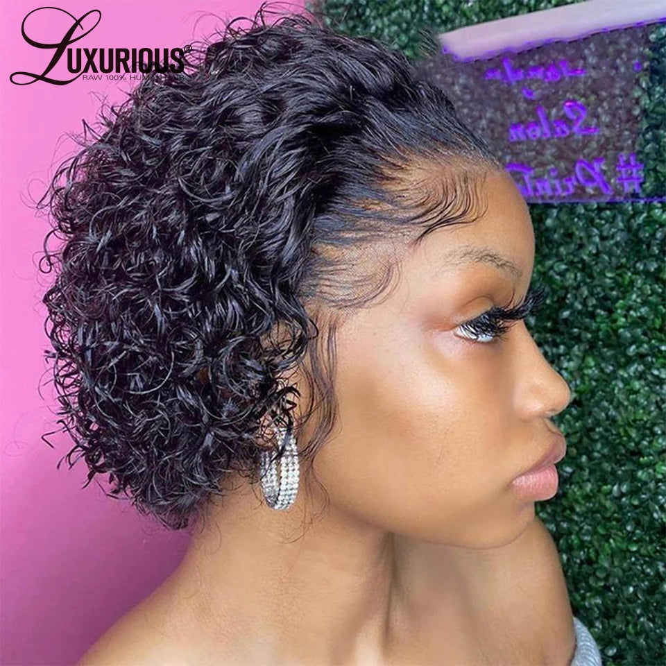 Pixie Cut Wigs Human HaiShort Curly Lace Front Human Hair Wigs For Women Brazilian Water Wave Bob Wig 13x1 Transparent Lace Wigs