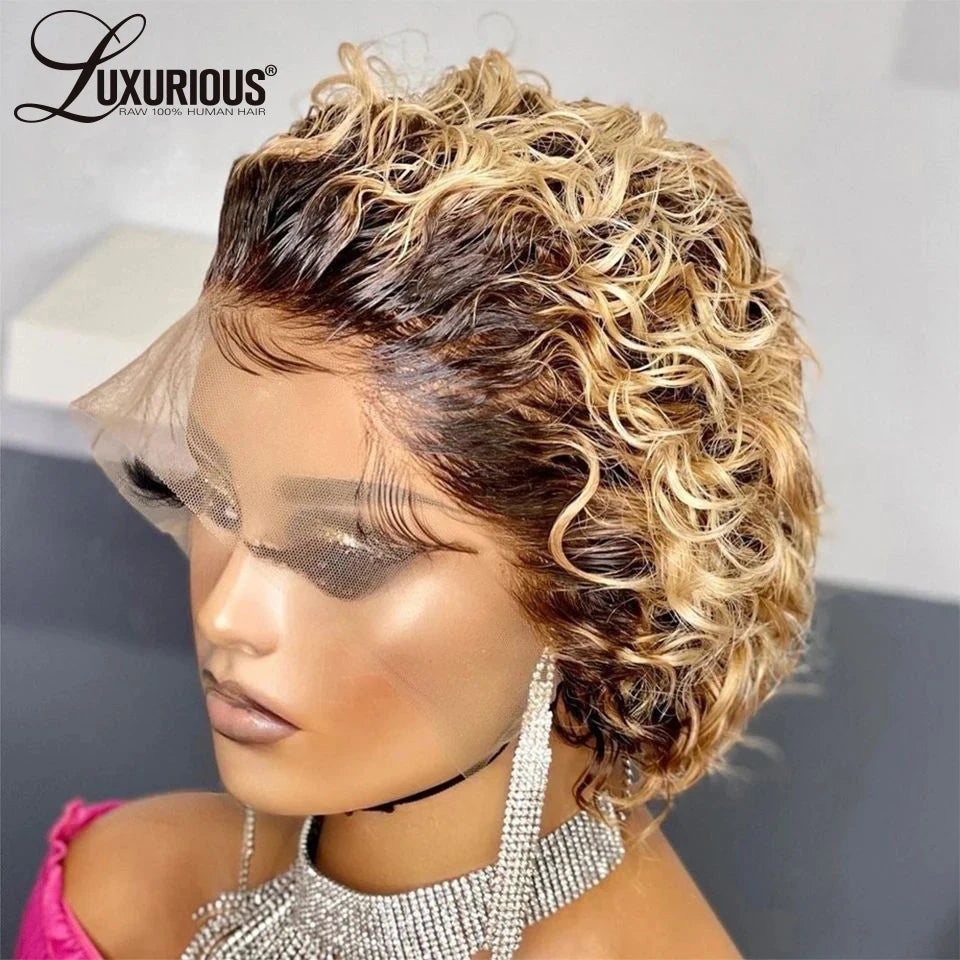 Pixie Cut Wigs Human HaiShort Curly Lace Front Human Hair Wigs For Women Brazilian Water Wave Bob Wig 13x1 Transparent Lace Wigs