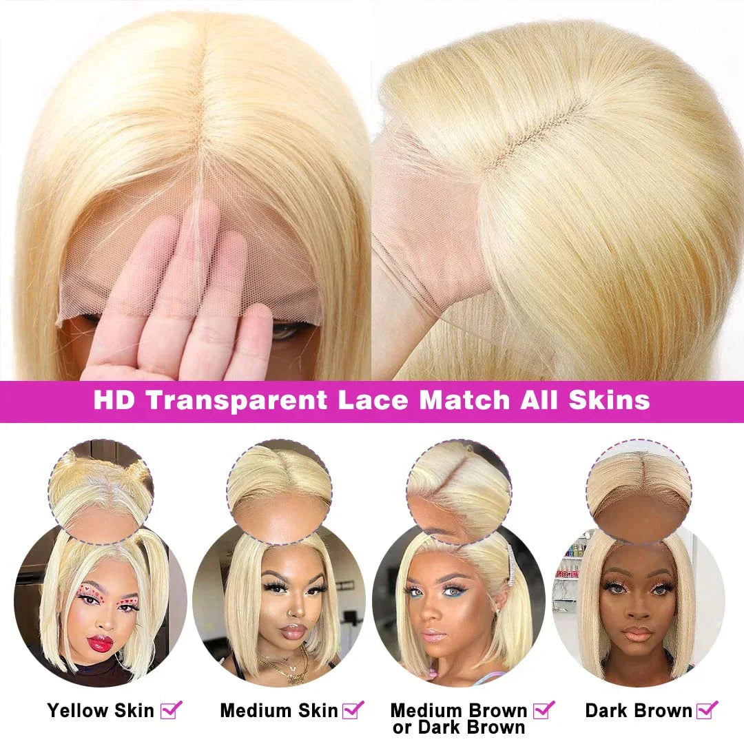 220% 613 Honey Blonde Short Bob Wig Straight Lace Front Human Hair Wigs Colored 13x4 HD Transparent Lace Frontal Wig Preplucked