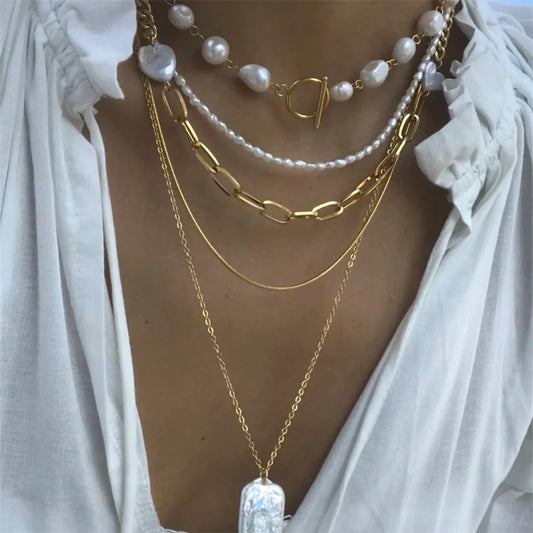 Irregular Pearls Multi-Level Golden Chain Necklace Fashion Jewelry Gift