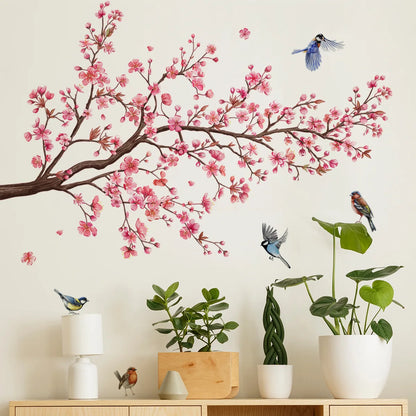 Wall Stickers Pink Plum Tree Birds House Interior Decor