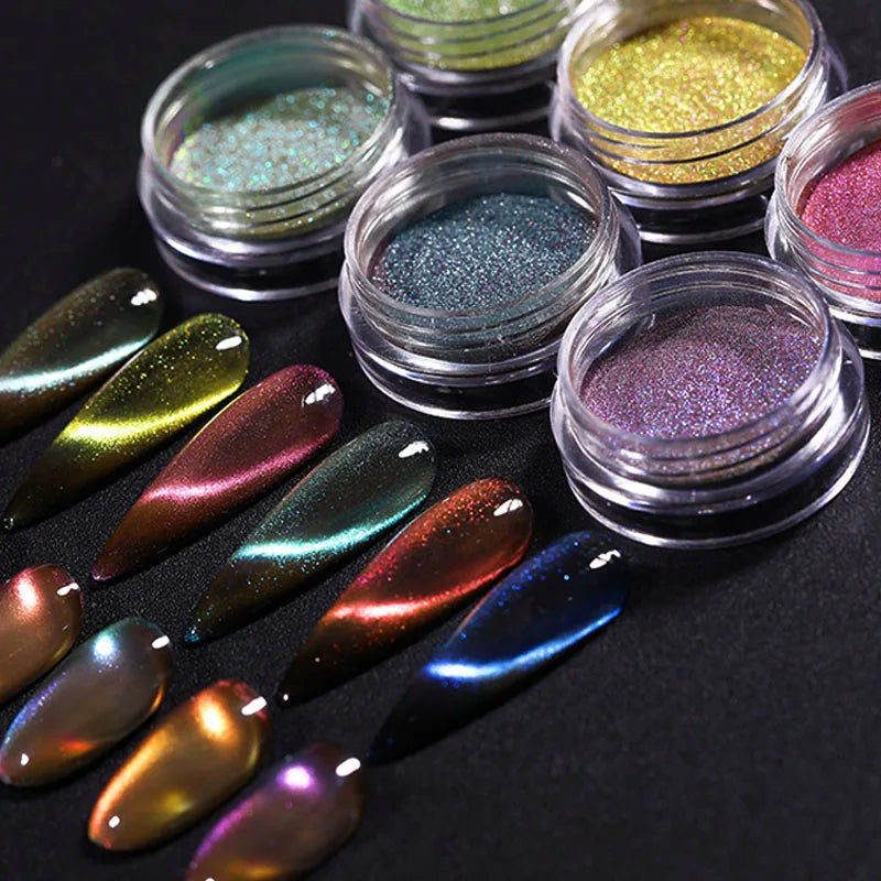 Nail Chrome Powder Cat Eye Effect Sparkly Chameleon Magnetic Nail Pigment Fine Glitter Nail Dust UV Gel Polish Manicure Decorat