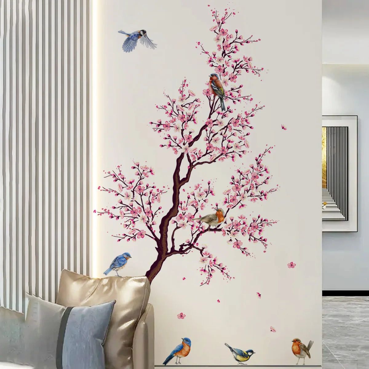 Wall Stickers Pink Plum Tree Birds House Interior Decor