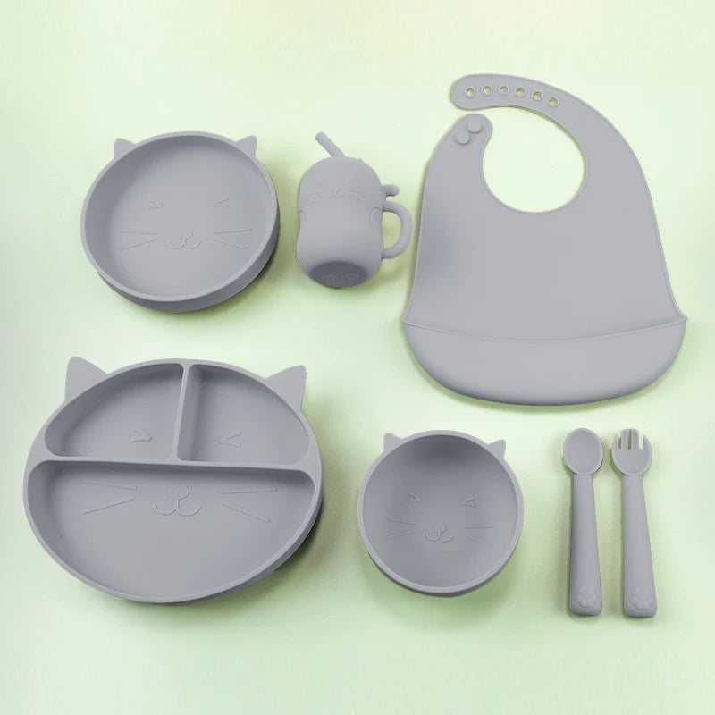 7Pcs/set Baby Silicone Plate Spoon Set Baby Feeding Silicone Bowl