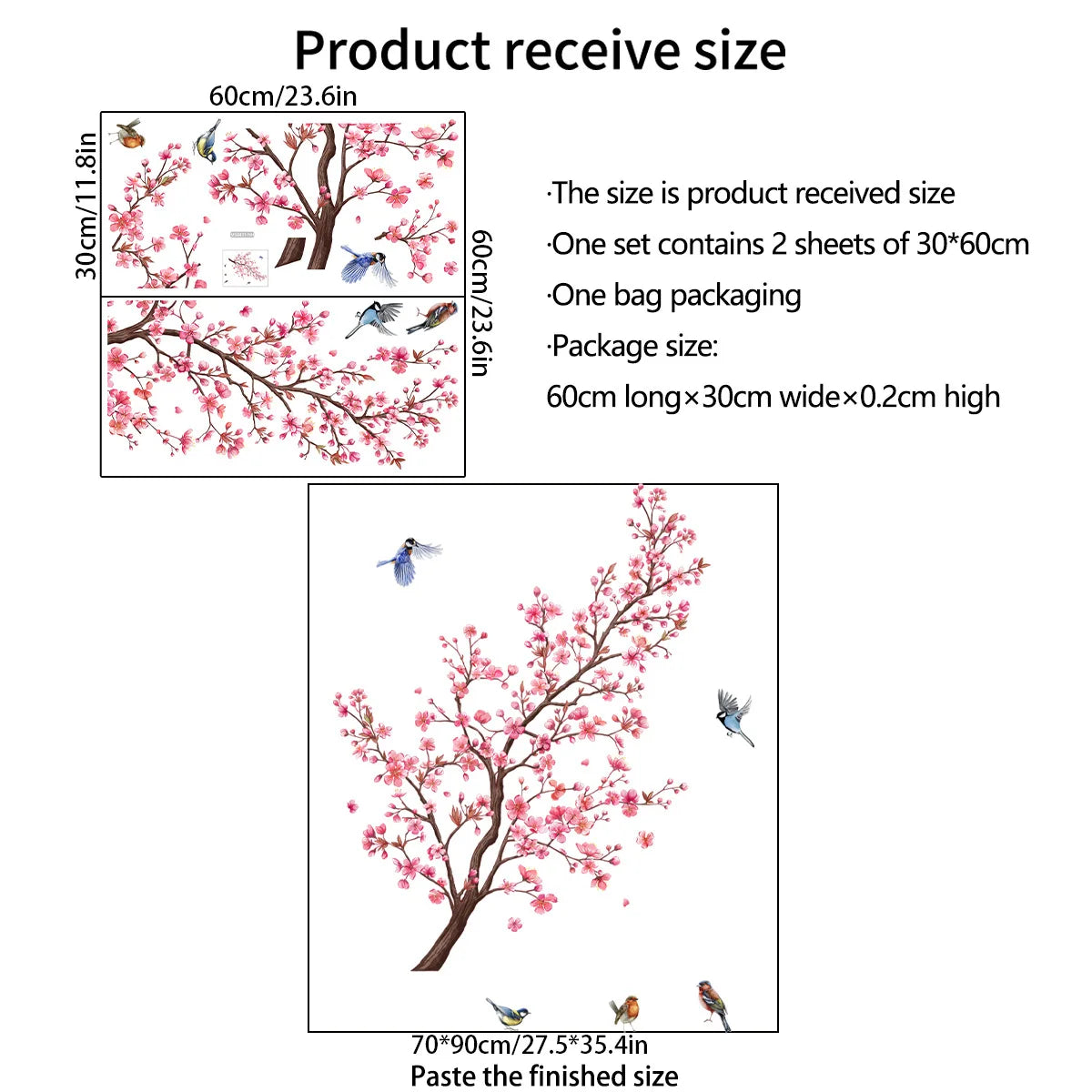 Wall Stickers Pink Plum Tree Birds House Interior Decor