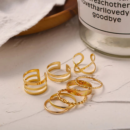 8 Pcs/Set Simple Design Round Gold-plate Rings Set For Women Handmade Geometry Finger Ring Set Female Jewelry Gifts