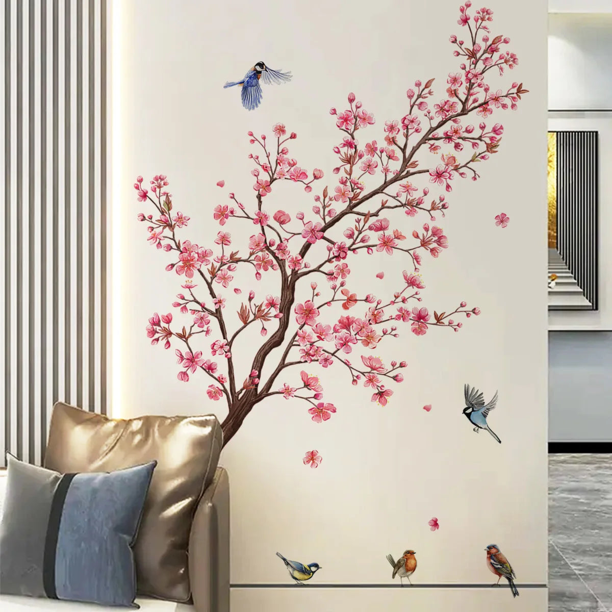 Wall Stickers Pink Plum Tree Birds House Interior Decor