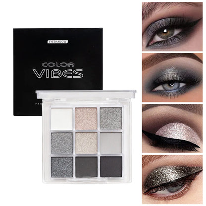 9 Colors Glitter Eyeshadow Palette Punk Smokey Cool Toned Eyeshadow Palette Dark Gray Black Nude Eye Pigments Makeup